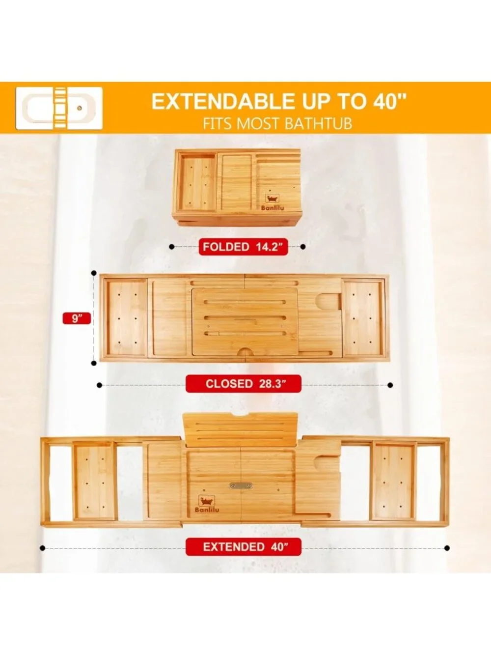 Expandable Bamboo Bathtub Tray Caddy - Fits Most Tubs, Spa Organizer & Table